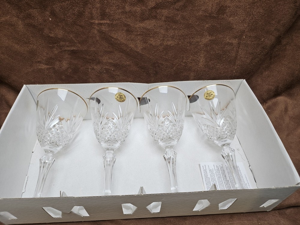 4 Cristal De Flandre Salzburg Water Stems w/ Gold Trim 7 3/8″ in Box 7.5 oz