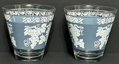 Vintage 1960s Hazel Atlas Grape Design Blue & White Lowball Glasses- Set of 2