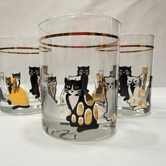 Culver 22K Gold Black White Cat LowBall Double Old Fashioned Glass Set Of 3