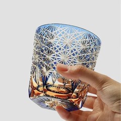 Hand Cut Colored Edo Kiriko Crystal Whiskey Tumbler 8Oz / 240ML Heavy Base Glass