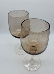2 Beautiful Amber Tint Two Tone Blown Bubble Glass Jumbo Water Wine Stem Goblet