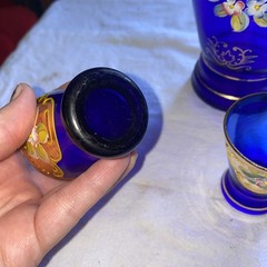 VTG Czech Bohemian Cobalt Blue & Gold Enamel Flowers Decanter & Cordial 3 Cups