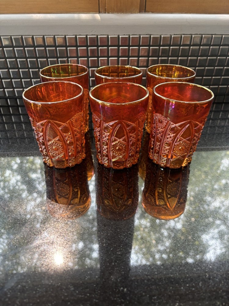 Beautiful Set/6 Indiana Glass Heirloom Sunset Red Carnival Glass Tumbler Cups