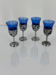 Vintage Cobalt Blue Cordial Wine Glasses Set of 4 Pewter Dragon Stem Goblets