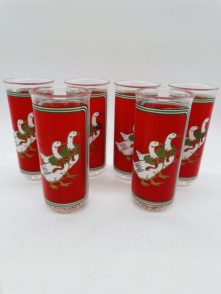 Vintage Culver Plastic Highball Glasses Goose Red Christmas Holiday Ducks Set 6