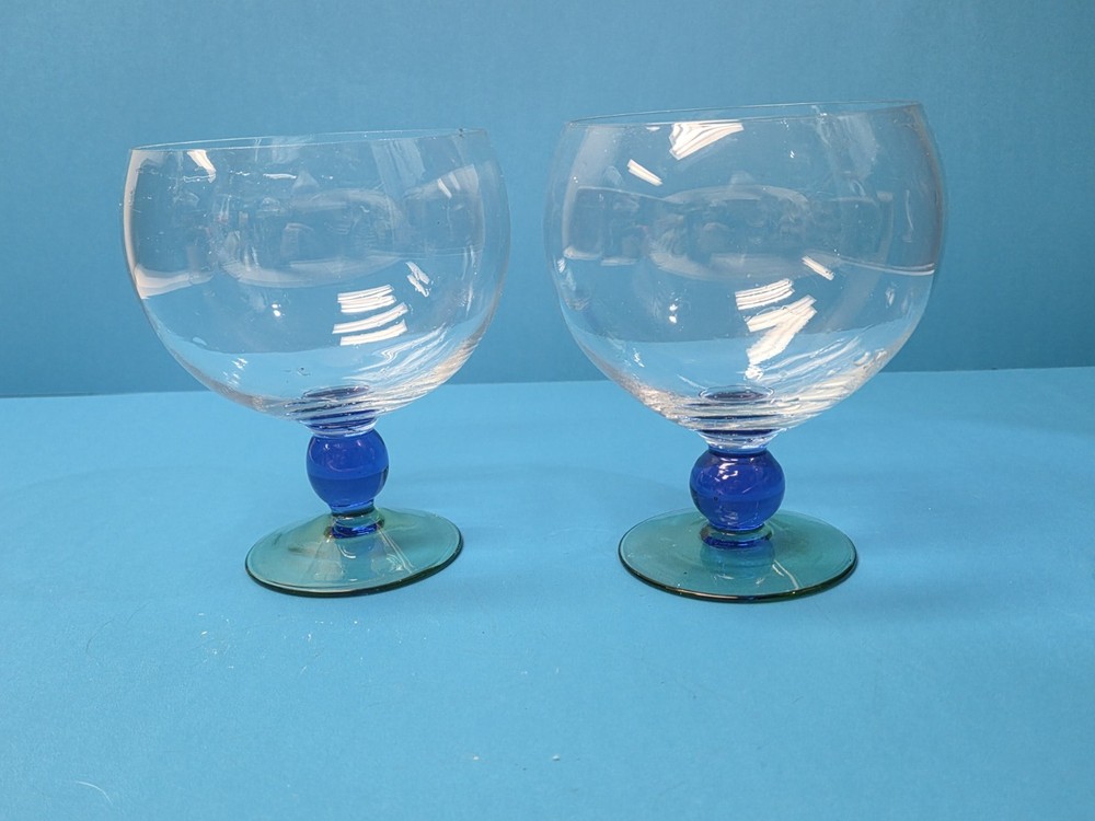 Vintage Memphis Style Wine Goblets Cobalt Blue Ball Stem Azure Blue Foot 80s