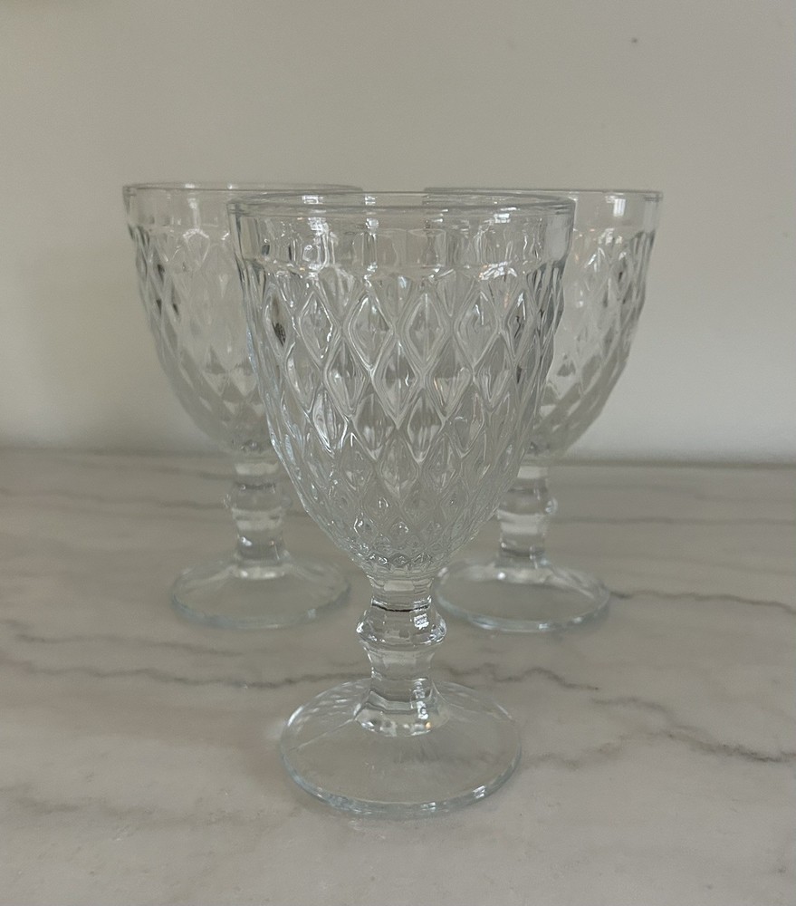 Set Of 3 Quilted Diamond Point Clear Glass Goblets 6.5”