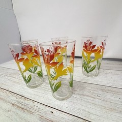 Set of 5 Vintage Juice Glasses, Red Yellow & Green Floral, Retro