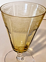 12 Antique Yellow Topaz Depression Glass Wine Stems Art Deco Etched Pattern