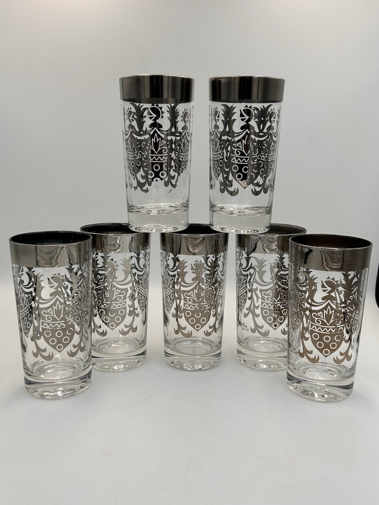 Kimiko Silver Knight Shield Highball Glasses Set Of Seven Mid Century 12oz