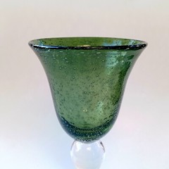 ARTLAND Green Hand Blown Glass Wine Water Goblets Bubbled In Glass Clear Stem