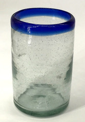 Hand Blown Clear Tumbler Drinking Glass with Blue Band on Rim Mexico