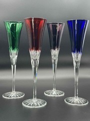 Ajka Cut to Clear Crystal Flutes Set of 4 Multi Color Hungary Lead Glass H-9.75″
