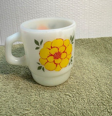 Anchor Hocking Fire King Stacking Mug Yellow Red Orange Floral Flowers Cup