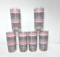 Vintage Set of 6 Culver Glasses Pink Stripe Gray Grid Tumblers Goes w/ Corelle