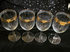 Cellini 24K GOLD Trim Etched Blown Crystal Wine Glasses Set of 4 Italy