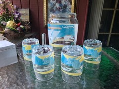 VTG Beau Rivage Casino Boats Lighthouse Pitcher 4 Matching Glasses Beverage Set
