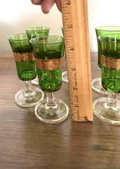 Set of 6 Cordial Glasses-Emerald Green w Gold Grape Pattern-Italy-Vtg 1960s