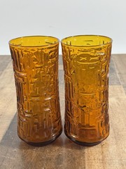 Vintage 70s Libbey Amber/Orange Crinkle Geometric Design Tumbler Glasses -Set 2