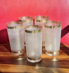 LOT of 5 Vintage MCM Gold Foil RIM Basketweave Highball Tumbler Frosted Glasses