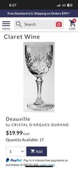 Six (6) Pieces Set Claret Wine Deauville Cut Crystal Glasses By Cristal d’Arques