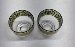 Culver 22K Gold And Green Toledo Pattern MCM Low Ball Glasses Set of 2 Signed