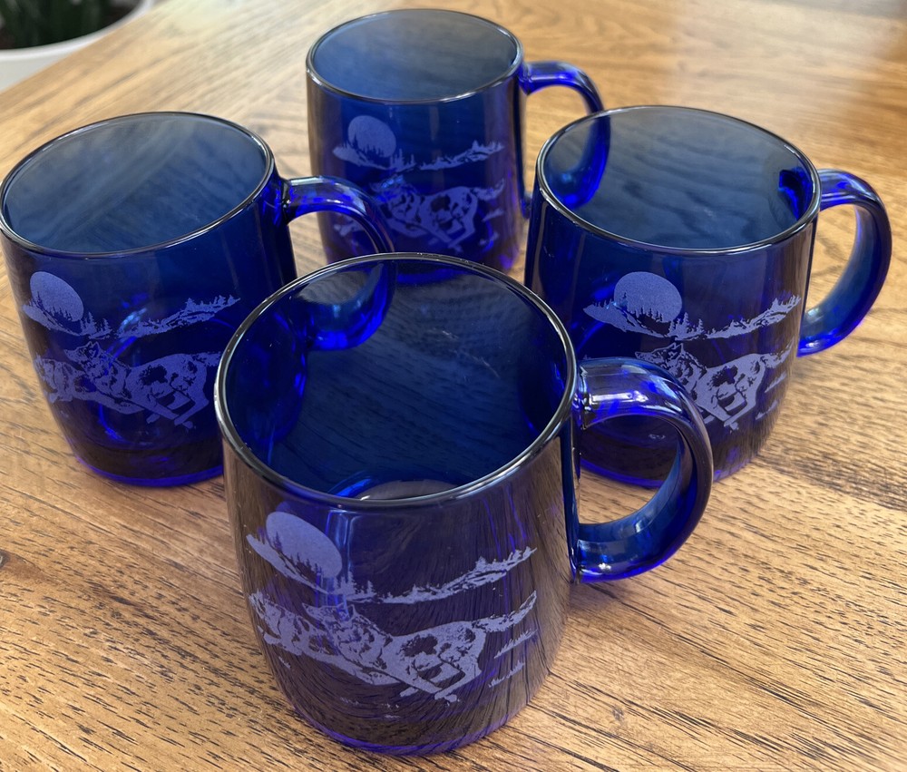 Vintage Cobalt Blue Etched With Wolf Scene