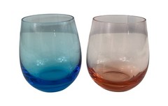 Vintage Set Of 2 Blown Glass Tumblers Blue & Pink