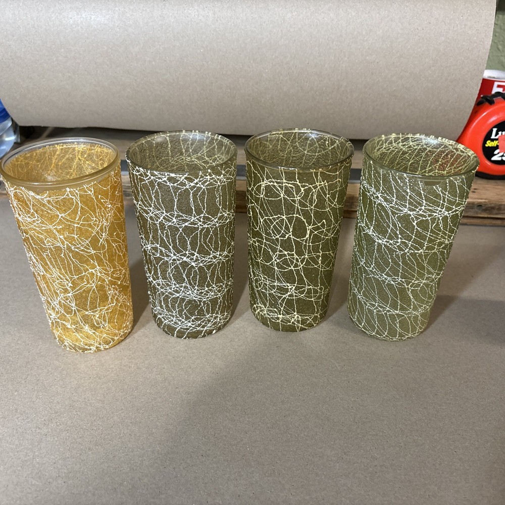Vintage MCM Spaghetti String Rubberized Glass 5 1/2″ Tumblers Set of 4 Colors EX
