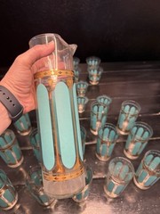 Fred Press Mid-Century Modern 27- Piece Barware Set, Turquoise Gold Geometric