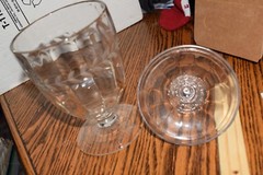 Fostoria ?? Glass Covered Candy Jar etched cut Leaf design, clear 10″