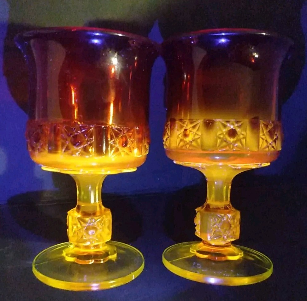 Pair LG Wright Daisy & Cube Goblets Amberina Orange Glow In Black Light 5.75″ T