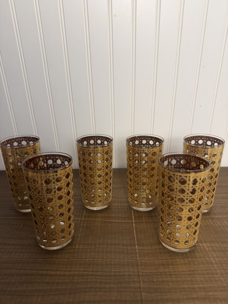 Set of Six Vintage Culver Cannela 22k Gold Highball Barware Glasses