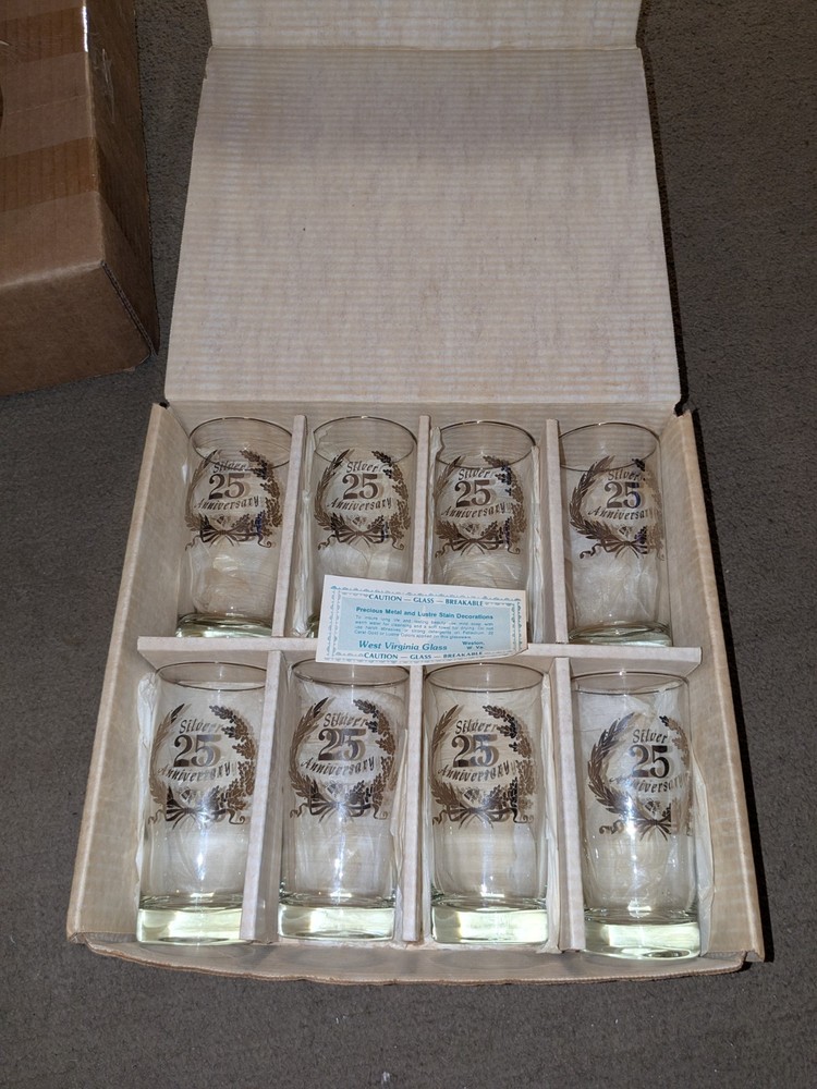 8 Count 25th ANNIVERSARY Hi-ball Glasses Silver Rim 12oz. Brand New Old Stock