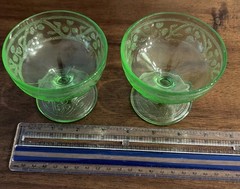Vintage Hazel Atlas Clover Uranium Glass Sherbet Cups Set Of 2 UV Reactive Mint!