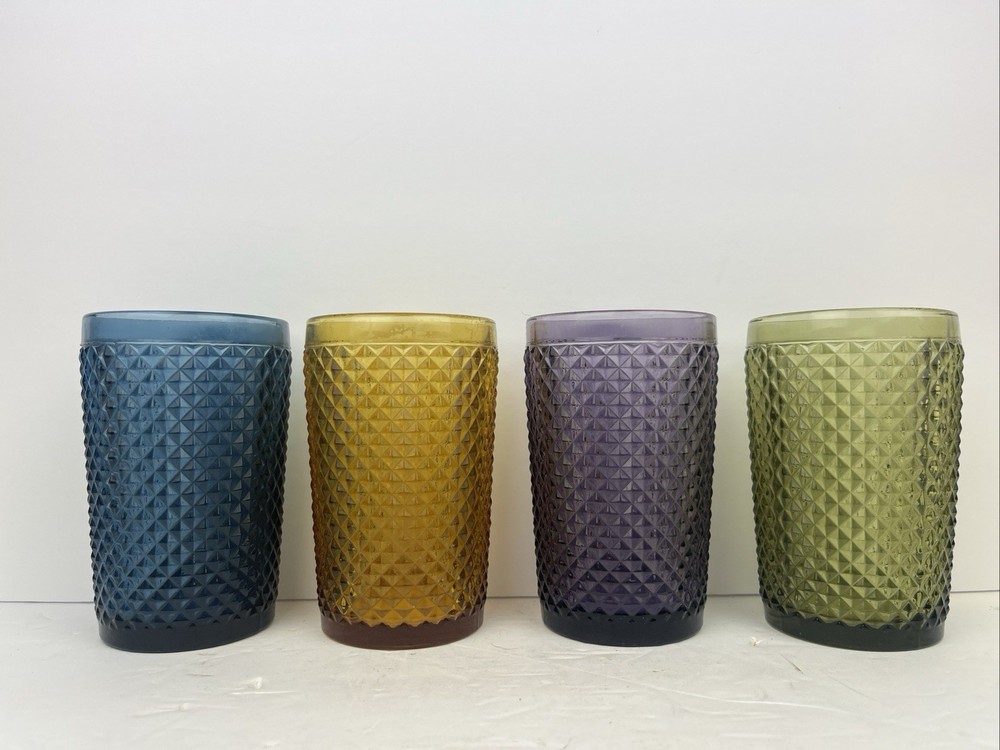4 Vtg Indiana Glass Diamond Pt Drinking Glasses 5” Tall Green, Blue, Amber, Wine