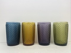 4 Vtg Indiana Glass Diamond Pt Drinking Glasses 5” Tall Green, Blue, Amber, Wine