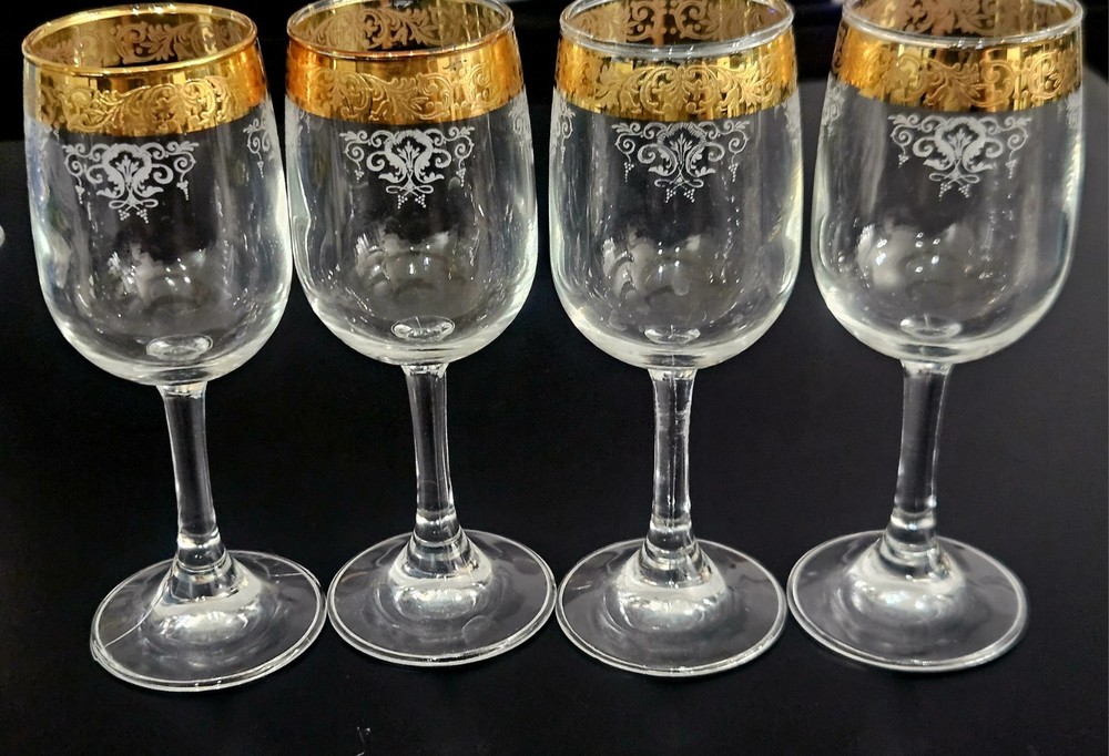 Cellini 24K GOLD Trim Etched Blown Crystal Wine Glasses Set of 4 Italy