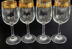 Cellini 24K GOLD Trim Etched Blown Crystal Wine Glasses Set of 4 Italy