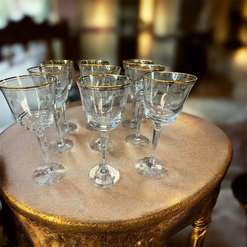 9 Vintage Lenox Shell Water Wine Cocktails Crystal Glasses Gold Trim 8″