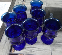 Set 7 Imperial by Tiara Glass Cobalt Blue Kings Crown Thumbprint Water Goblets
