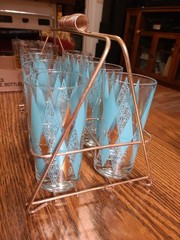 Vintage Hazel Atlas Teal Diamond Harlequin Glasses Set of 8 Caddy Plus 2 Spares