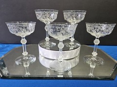 set (5) Champagne Sherbet Glasses 5-1/4″ Fostoria Crystal Morning Glory etching