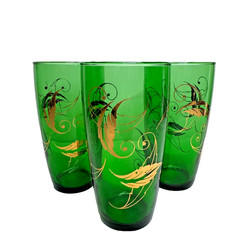 Set of 3 Anchor Hocking Tumblers Dark Green Glass With Gold Leaves Vintage