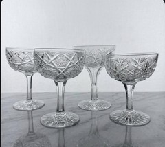 Set 4 Unique Brilliant Cut Crystal Champagne Coupes Mismatched Hobstar Starburst