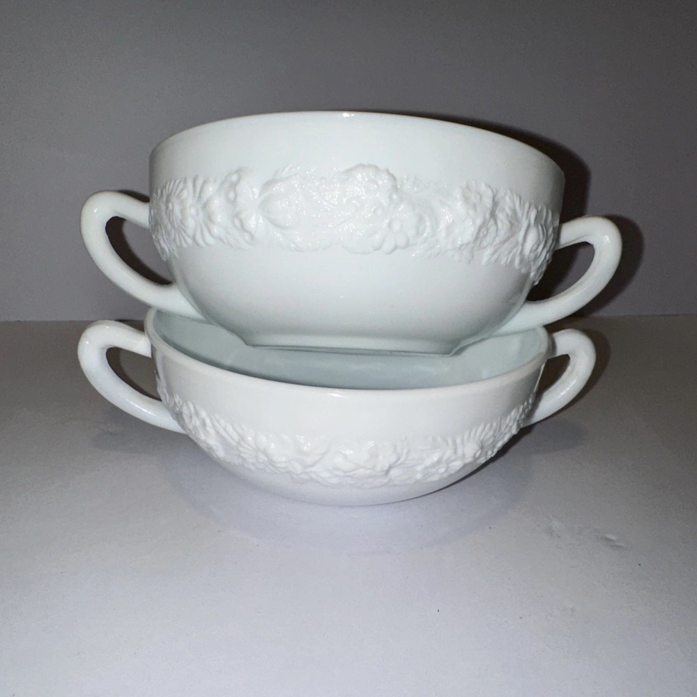 Set of 2 VTG Vitrock Milk Glass Floral Cream Soup 2 Handle Bowls Anchor Hocking