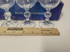 NIB 6 Bohemian Crystal Diamond Ball Stem Champagne Flutes Vintage Czechoslavakia