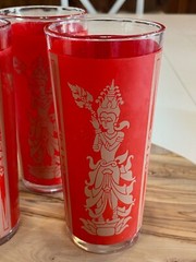 Culver Glass Mid-Century Red & Gold Thai Goddess Highball Glasses, set of 3, EUC