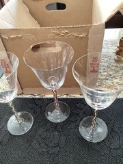 3 Hand Blown Twisted Ribbon Swirl Stemmed Red White Green Goblet Bell Shaped