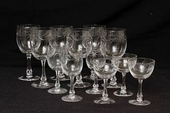Red White Champagne Wine Etched Glass Clear Crystal Beveled Stem set 12 lot